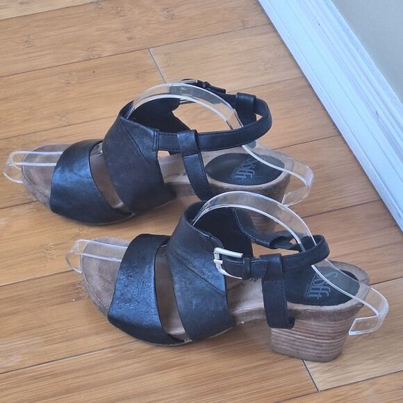 Sofft Melina Sandals Black Leather Stacked Block Heel Buckle Ankle Strap size 8 - Picture 2 of 16